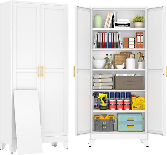 75" White Metal Storage Cabinet with 2 Doors and 5 Adjustable Shelves,Steel Garage Tool Cabinet, File Cabinet,Kitchen Pantry Cabinet for Home,Office,Garage,School,Warehouse