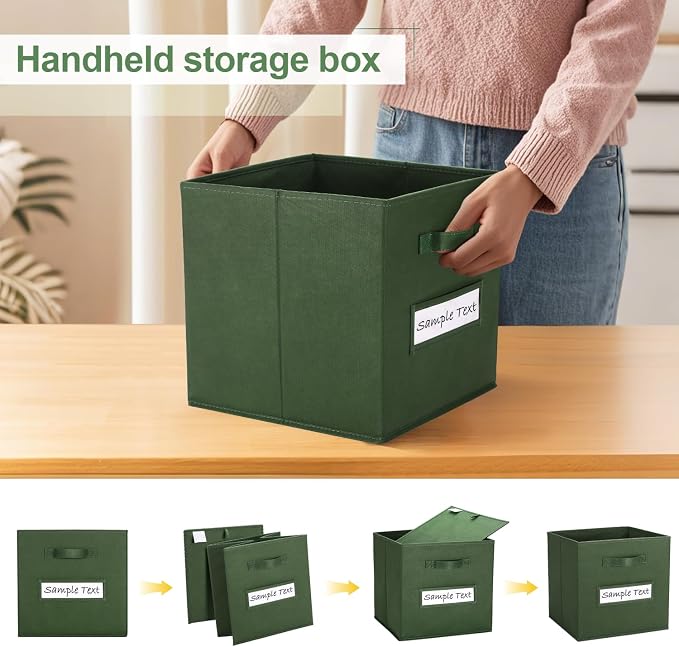 Fabric storage cubes (8 Pack) 11 Inch Cube Storage Bin, cube organizer bins with 8 Labels Window Cards & a Pen, Foldable cube organizer bins and Storage Box, Dark Green