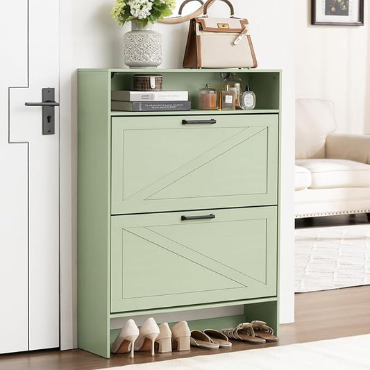 RWYHG Shoe Cabinet Storage for Entryway with 2 Flip Drawers | Open Storage Layer Rack Narrow Organizer Slim Hidden Wood Shoe Cabinet Furniture