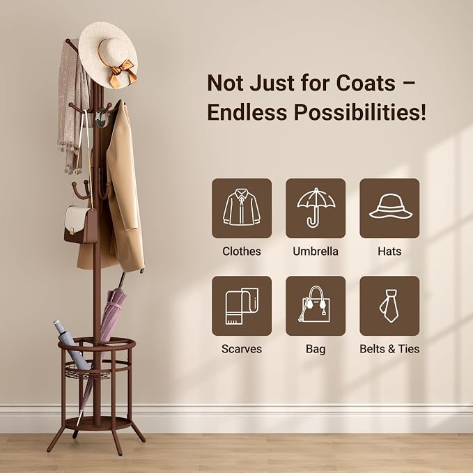 ELYKEN Coat Rack Freestanding, Metal Coat Rack with Umbrella Holder | 12 Hooks, Round Base, Heavy Duty Floor Standing Coat Tree for Entryway, Hallway, Living Room, Bedroom, Office, Brown