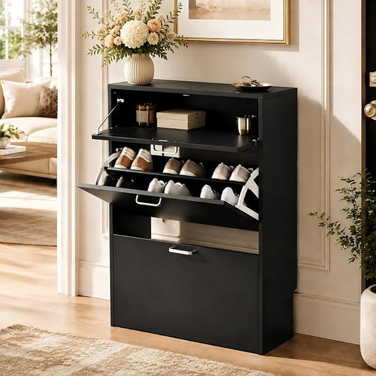 VINGLI Shoe Cabinet Storage for Entryway,Black Small Narrow Shoe Rack,25" W | 8–12 Pairs,Skirting Board Cutout,Drop-Down Drawer,9.4"D Slim,Modern Black,2 Flip Drawers,Adjustable & Removable Shelf