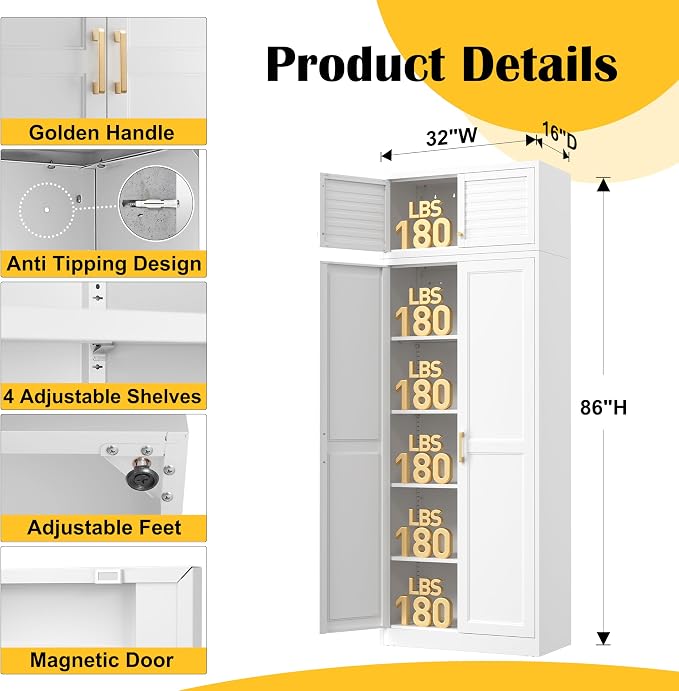 Steeloong 86"Metal Pantry Storage Cabinet with Doors & 4 Adjustable Shelves | Kitchen Pantry Cabinet,White Kitchen Cabinet with 4 Gold Handles,Tall Cabinet for Livingroom,Pantry, Bathroom,Kitchen,Garage