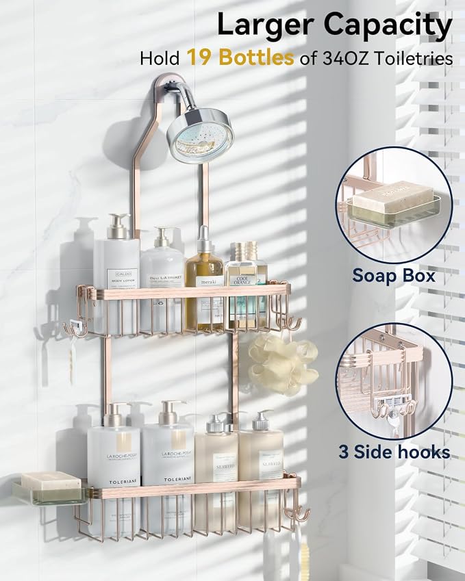 YASONIC Never Rust Shower Caddy Hanging, Aluminum Shower Racks for Inside Shower, 2-Tier Shower Organizer Hanging Over Shower Head with Hooks and Soap Holder, Rose Gold