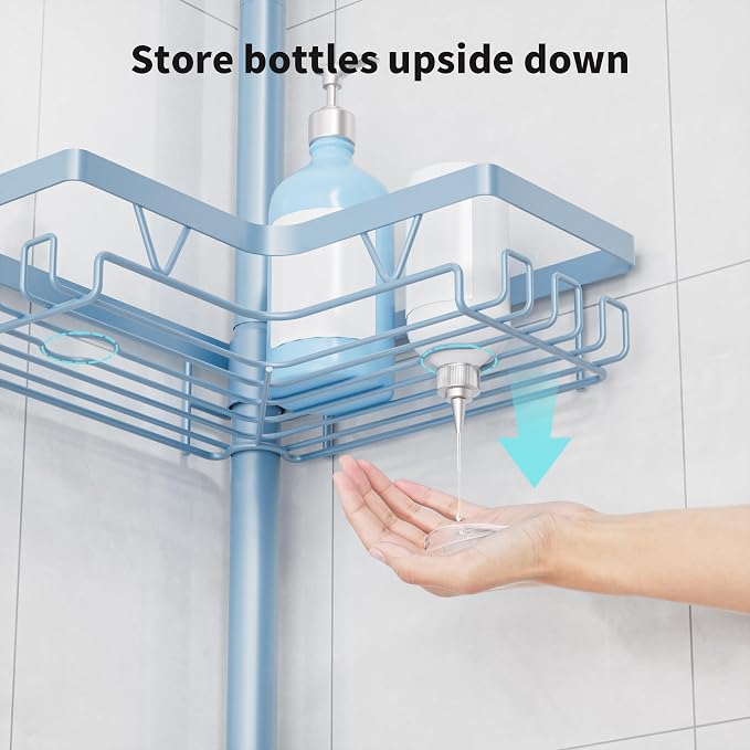 KEGII Shower Caddy Tension Pole, L-Shaped Corner Bathroom Organizer, Blue | Large Capacity 4-Tier Shower Storage with Hooks and Soap Holder, No Drill Rustproof Tension Rod for Renters and Apartments