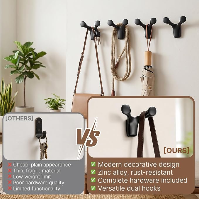 Coat Rack Wall Mount, Decorative Double Hanger Hooks, 4Pcs Balck Hook, Premium Zinc Alloy Y-Shaped/Antler Hook for Towels, Bags, Hats, Cups & Keys, Ideal for Entryway, Bedroom, Bathroom, Kitchen