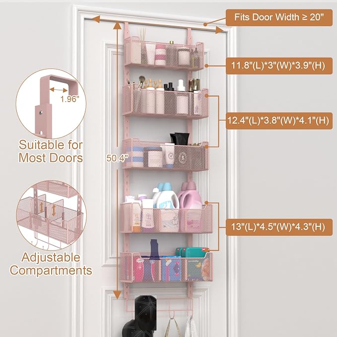 VyGrow Over The Door Organizer, Metal Door Organizer Hanging with 5 Adjustable Baskets and Coat Hook, Behind The Door Storage for Bedroom Closet Bathroom Pantry Cabinet Kitchen, Pink