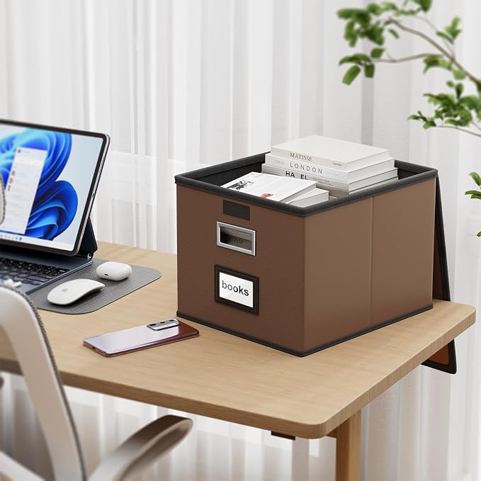 File Organizer Box with Lids, Collapsible File Folder Organizer | File Box with Plastic Slides for Document, Filing Bin for Letter Size Hanging File Folders (1 Pack, Dark Brown, Leather)