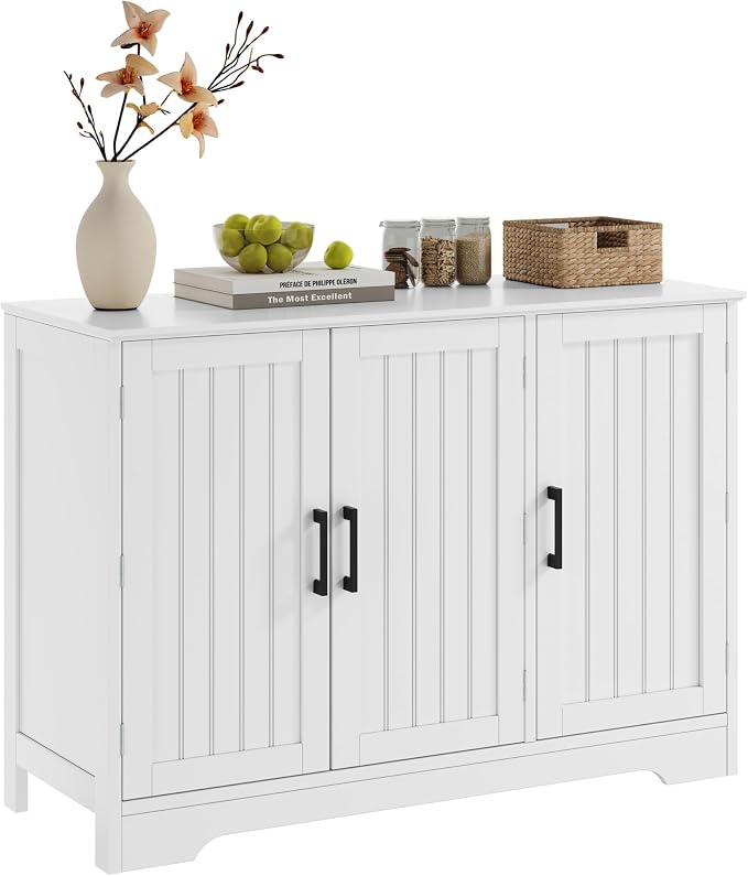 ChooChoo Modern Sideboard Buffet Cabinet with Adjustable Shelves | Coffee Bar Storage Cabinet, 3 Doors, for Kitchen, Dining Room, Living Room, White