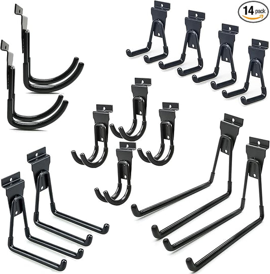 Slatwall Hooks 14 Pack, Heavy Duty Garage Wall Organizer, Multi-Size Hanging Hooks Compatible with Proslat, StoreWALL and HandiWall