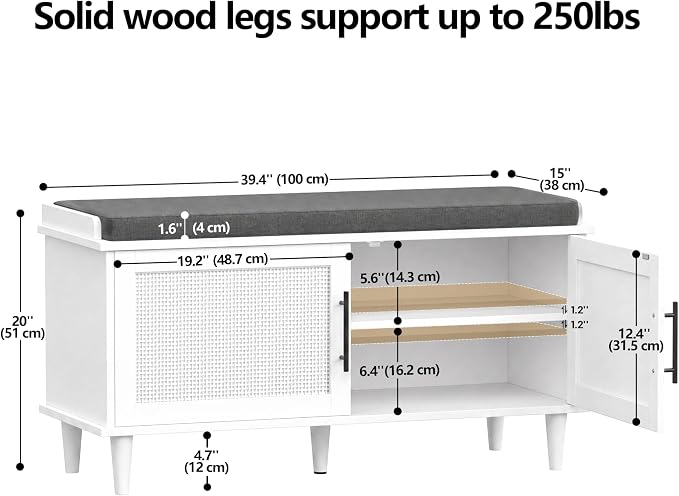 Akxomel 39.4" Rattan Shoe Storage Bench 2 Doors Wooden Entryway Bench White | 2 Tier Shoe Bench with Padded Cushion, Adjustable Shelves and 2 Doors, Solid Wood Legs, for Hallway, Living Room, Bedroom