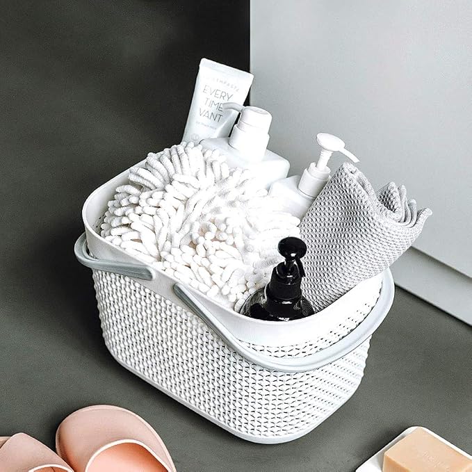 Plastic Portable Shower Caddy Basket, Storage Organizer with Handle, White | Bottom Drain Holes, Keep Dry, Sturdy and Durable, Easy to Carry for Bathroom, Kitchen, Dorm Room, RV, College