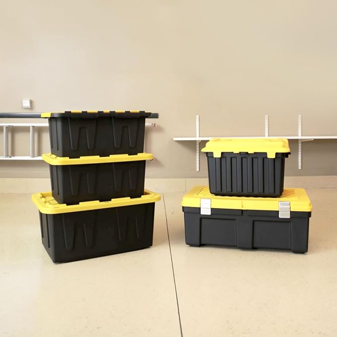 HOMZ Durabilt Plastic Storage Bins with Lids, 15 Gal, Black/Yellow, 2 Pack | Heavy-Duty Large Stackable Container Boxes for Home, Attic, and Garage Organization