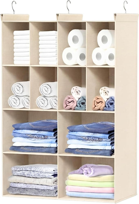 4 Tier Hanging Closet Organizer, 12 Compartments Dual Row Storage, Beige | Closet Organizers and Storage with Large & Small Cubbies, 3 Sturdy Hooks Support Heavy Loads, for Dorm, RV, Garment Rack
