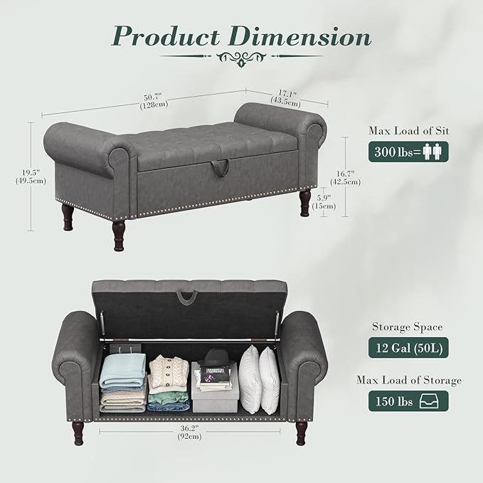 Apicizon 51” Bench with Storage, Upholstered Tufted Button Bedroom Bench with Storage, Faux Leather End of Bed Bench with Rolled Arms, Storage Ottoman Bench for Bedroom, Living Room, Entryway, Gray