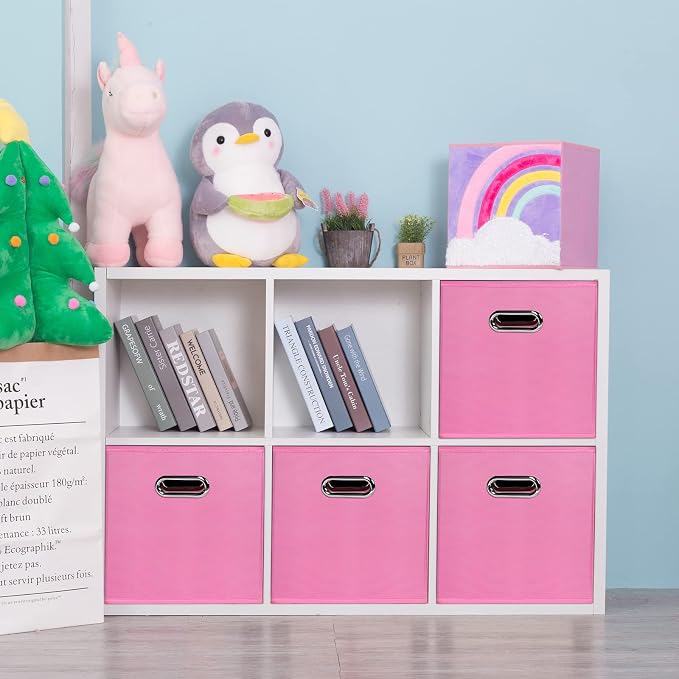 Fabric storage bins Cubes, Fabric Cube Organizer with Handle, Foldable Cube Bins for Cloth or Accessary Storage, 11x11x11, Set of 6, (Pink)