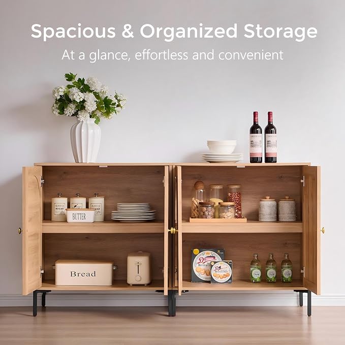 IFGET 34" Tall Modern Arched Sideboard Buffet Cabinet with Storage, Natural | Fluted Arch Sideboard Cabinet w/Adjustable Shelves, Wooden Modular Kitchen Cabinet for Dining& Living Room, Entryway