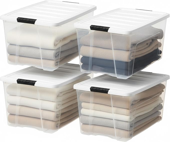 IRIS USA 72 Qt Storage Bins with Lids, 4 Pack, BPA-Free, Clear/White | Great for storing clothing, blankets, moving supplies, garage gear, and seasonal household items.