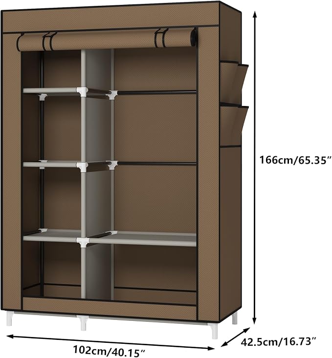 Calmootey Portable Closet Organizer, Space-Saving Storage System for Home | Sturdy Rod for Coats, 6 Shelves for Folded Clothes, 4 Side Pockets for Small Items, Non-Woven Dustproof Cover, Brown
