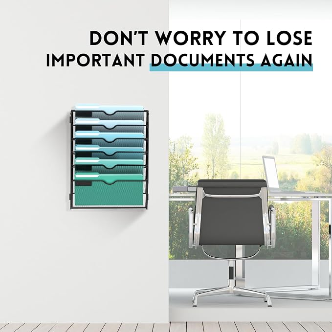 6-Tier Wall File Organizer, Hanging File Holder, Wall Mounted Mail Sorter | Metal Mesh Hanging File Organizer with Open Compartments and Label Panels for Papers and Folders at Home, Office or School