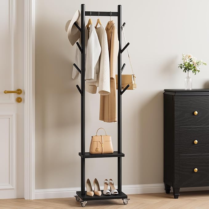 Yoobure Solid Wood Coat Rack Freestanding - Rolling Clothes Rack with 8 Hooks & Shelves, Small Clothing Rack with Wheels, Heavy Duty Clothing Racks for Hanging Clothes, Portable Hall Tree for Entryway