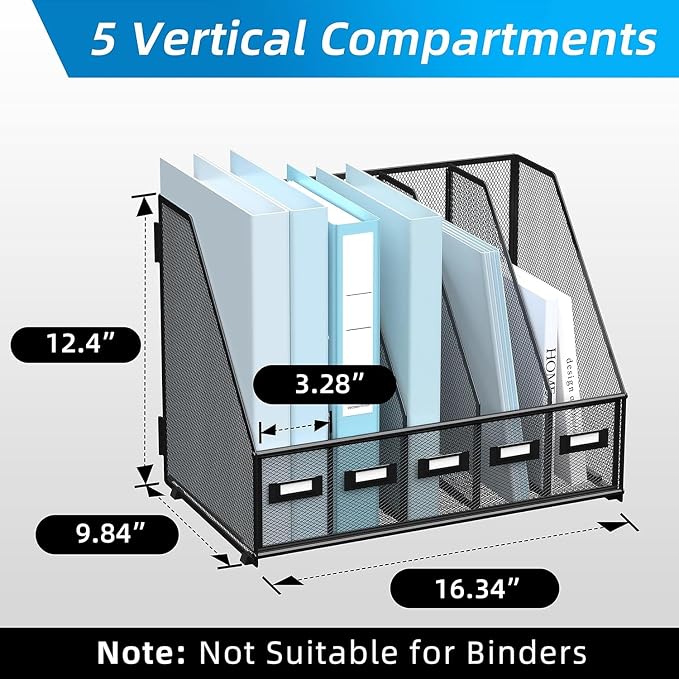 SUPEASY Desk Organizers Metal Desk Magazine File Holder with 5 Vertical Compartments Rack File Organizer for Office Desktop, Classroom, Home Workspace, Black