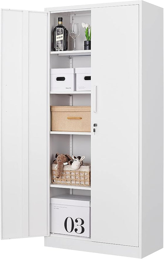 Fesbos Metal Storage Cabinet-71” Tall Steel File Cabinets with Lockable Doors and Adjustable Shelves-White Steel Storage Cabinet for Home, School, Office, Garage