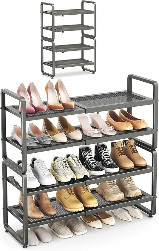 SAYZH Expandable Shoe Rack for Closet, Adjustable Metal Shoe Organizer with Sturdy Mesh Shelves for Boots & Heels, Stackable Shoe Storage for Entryway, Garage, Small Spaces (Grey, 4-Tier)