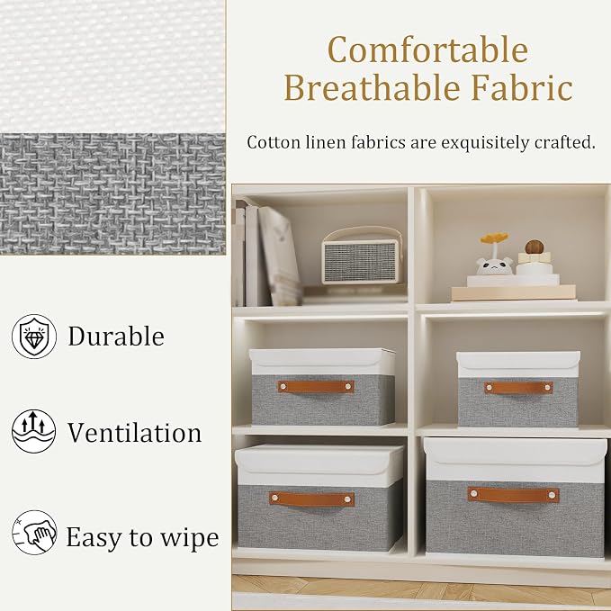 OUTBROS Storage Boxes, Bins with Lids, 10.2x7.9x6.7 in, White/Grey | Cotton and linen cloth Storage Baskets with Handle, for Books, Closet, Bedroom, Home