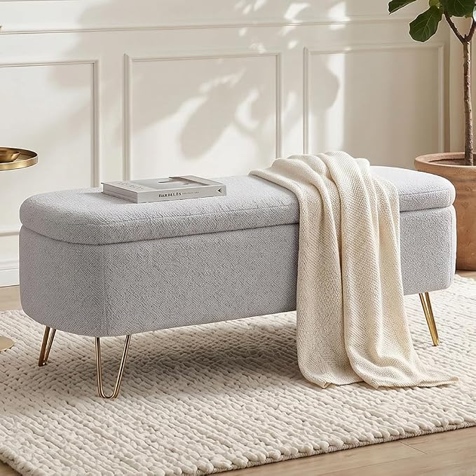 Modern Storage Ottoman Bench, Teddy Upholstered Entryway Bench with Gold Legs, Vintage End of Bed Bench with Safety Hinge, Padded Bench with Storage for Living Room, Bedroom, Entryway(Grey)