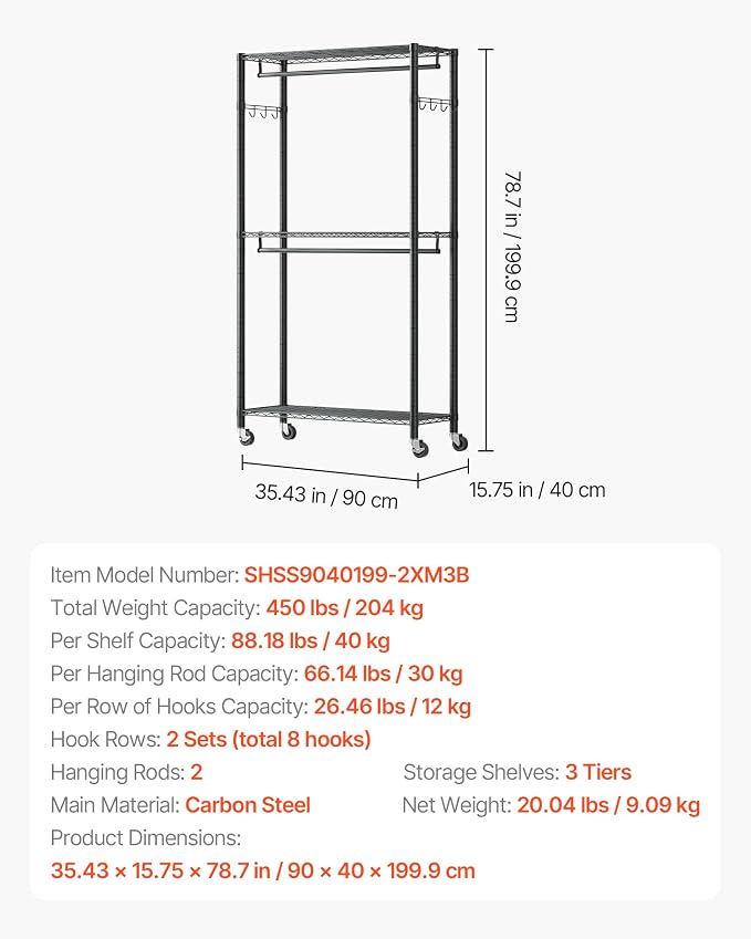VEVOR Clothing Garment Rack, Heavy Duty Closet Wardrobe, Adjustable Tiers Clothes Racks with Steel Frame, for Bedroom, Clothing Store, Hallway