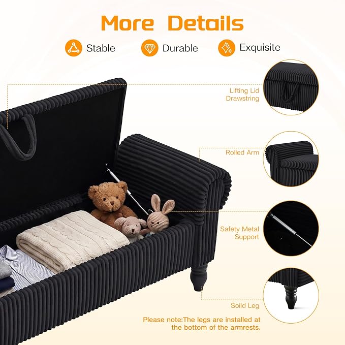 55" Corduroy Storage Bench, End of Bed Bench with Storage, Upholstered Bedroom Bench with Rolled Arm, Ottoman Bench for End of Bedroom, Living Room, Entryway (Black)