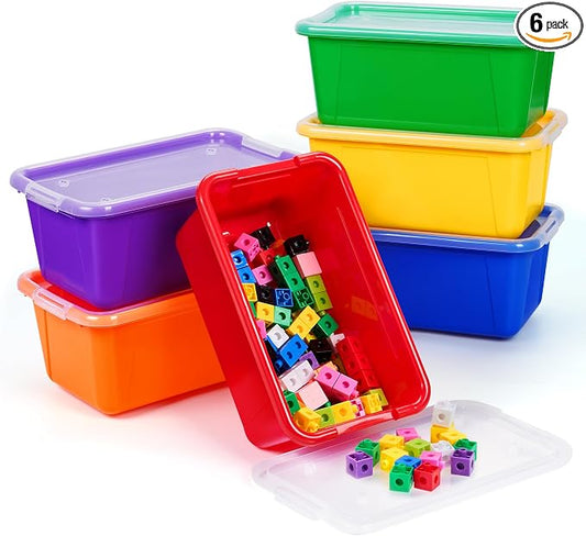 GAMENOTE 6 Quart Stackable Plastic Storage Bins with Lids, 6 Pack, Colorful | Stackable 6-quart bins with lids organize classroom supplies, crafts, toys and building blocks for Classroom & Kids Toy