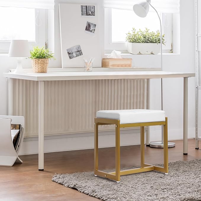 Vanity Stool, Vanity Chair Stools for Makeup Room, Faux Leather Small Makeup Bench, Modern Gold Metal Legs Ottoman Foot Rest for Bedroom Living Room, White & Gold