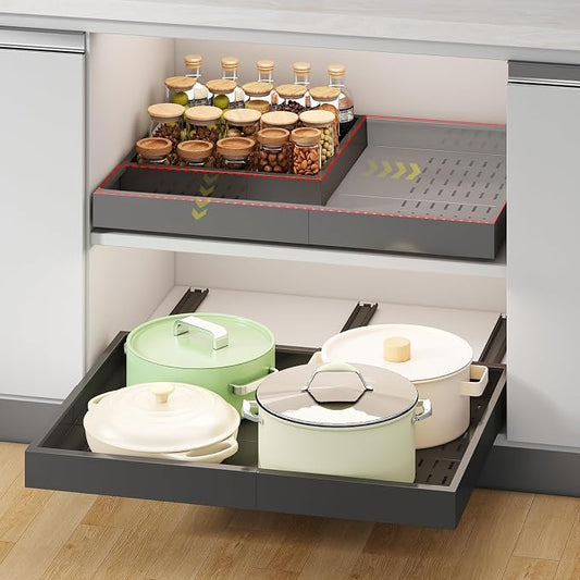 Pull out Cabinet Organizer,Width (14"-21") and Depth (17"-24") Expandable With 3 Rails,No Drill Adjustable Slide out Drawers for Kitchen,Pantry,Adhesive Roll out Shelves,for Cabinets Without Lip,Black