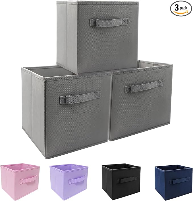 Mini Size 3-Pack Cube Storage Bins 9.0"x7.5"x7.5" Fabirc Foldable Closet Toy Organizer Collapsible Cloth Gray