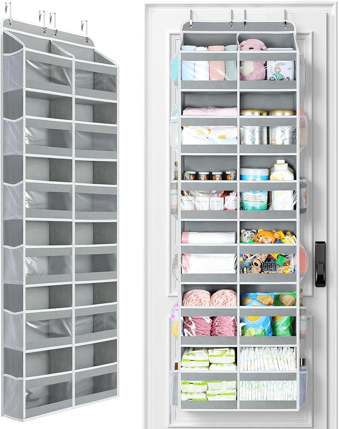 Yecaye 6-Tier Over The Door Organizer Dual-Column of 12 Compartments, College Dorm Essentials with Clear PVC Windows, Heavy Duty Door Organizer Hanging for Bedroom Bathroom Pantry Nursery, Grey 1 Pack