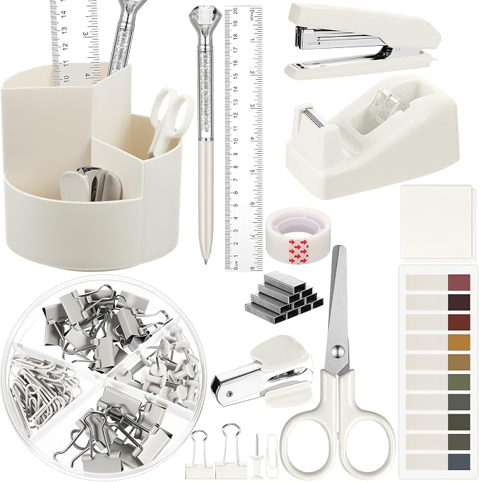 Beige Desk Accessories Office Supplies Set, 12 Pcs | 360° Rotating Pen Holder, Stapler, Tape Dispenser, Scissor, Sticky Notes, Binder Clips, Desk Organizers Gift for School