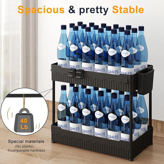 Sevenblue 2 Pack Under Sink Organizer, Under Bathroom Cabinet Organizer with Hooks Hanging Cup, Multi-Purpose Storage Shelf for Kitchen Bathroom, Black | Multi-use kitchen & bathroom storage, 12.8 inch black cabinet organizer, with hooks and hanging cu...