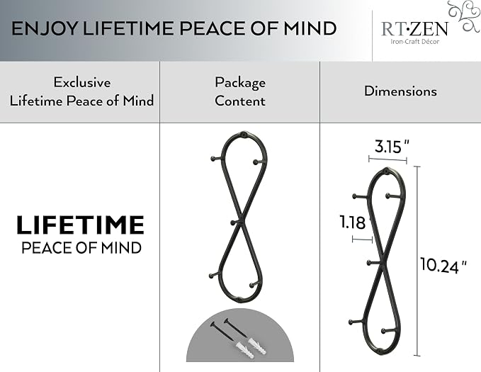 RTZEN Farmhouse Small Key Holder for Wall, Wrought Iron Wall Mount Rack | Handcrafted Swirl Decorative, 5 Key Hooks for Home Entryway, Purse, Coat and Leash Holder or Organizer (Infinity Black)