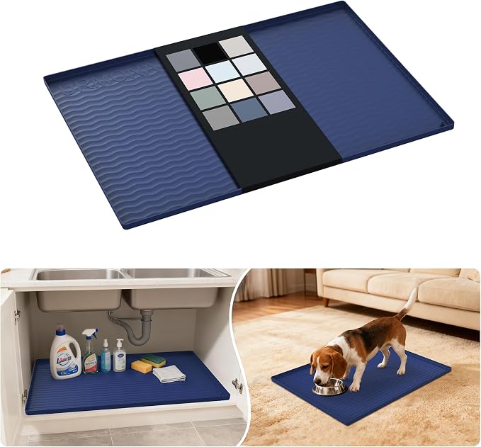 URMONA Waterproof Silicone Under Sink Mat 28'' x 22'' Shelf Liner for Kitchen and Bathroom, Cabinet and Counter Protector, Storage and Organizers, Litter Mat, Pet Cat Puppy Essentials(Navy)