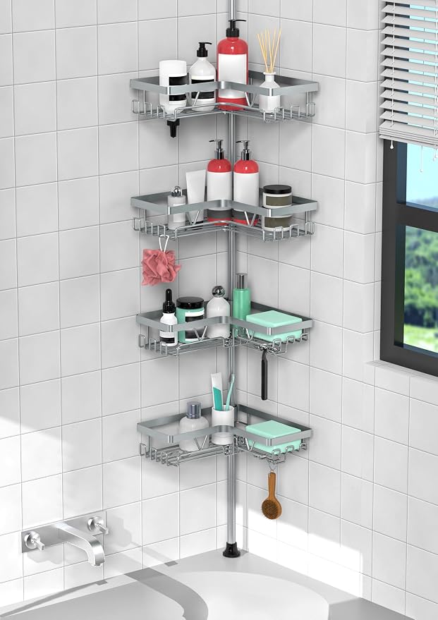 KEGII Shower Caddy Tension Pole, Bathtub Organizer, Light Gray | Adjustable 25-114.2 inch Pole with 28 Hooks, Rustproof Storage Solution for Renters and Modern Bathrooms