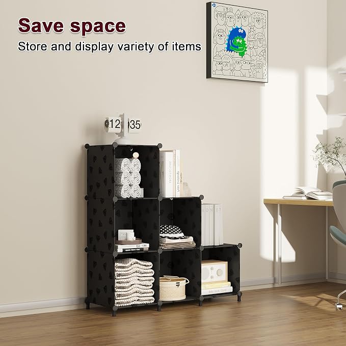 UNKU 6 Cube Storage Organizer, Closet Organizer Storage Shelves, Black | DIY Stackable Bookcase, Clothes Organizer Shelf for Closet, Bedroom, Living Room, Cabinet, Home, Office