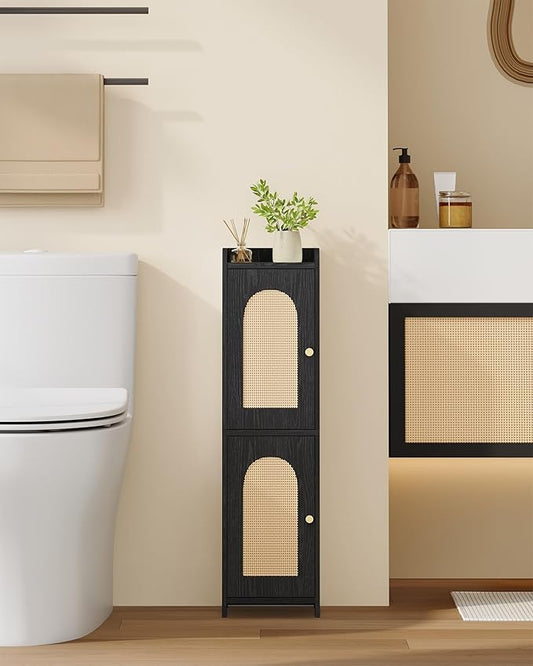 Hzuaneri Bathroom Storage Cabinet, Small Corner Floor Cabinet with 2 Doors | Narrow Toilet Paper Cabinets with Adjustable Shelf, Bathroom Organizer for Small Spaces, 7.9"D x 7.9"W x 29.5"H Rattan Black