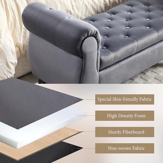 47″ Storage Bench with Arms End of Bed Bench,Velvet Entryway Bench with Storage, Button Tufted Upholstered Ottoman Bench Wood Legs, Window Sitting Bench for Bedroom/Living Room, Dark Grey