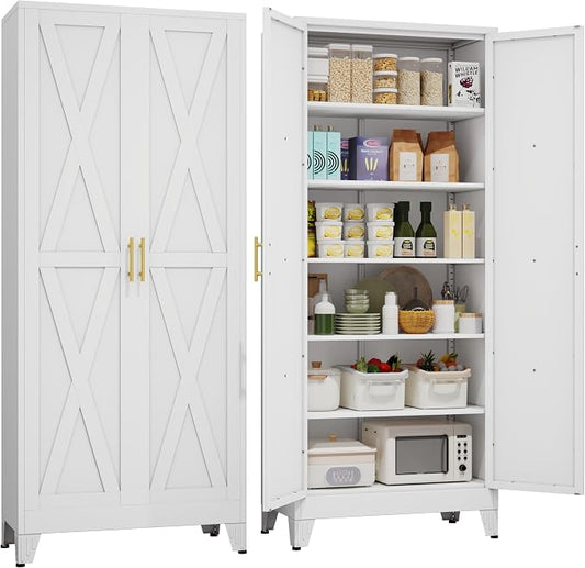 75.2" Tall Metal Kitchen Pantry Storage Cabinet, Freestanding Cupboard with 2 Doors and 5 Adjustable Shelves, Standing Storage for Kitchen, Bathroom, Garage, Dinning Room or Utility Room