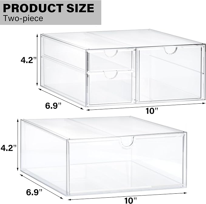 Prsildan Acrylic Drawer Makeup Organizer with 4 Drawers, Set of 2 | Clear, Baby Bottle Storage, For Vanity Countertop Bathroom Cosmetic Office Desk, Craft Jewelry Art Supply Organization