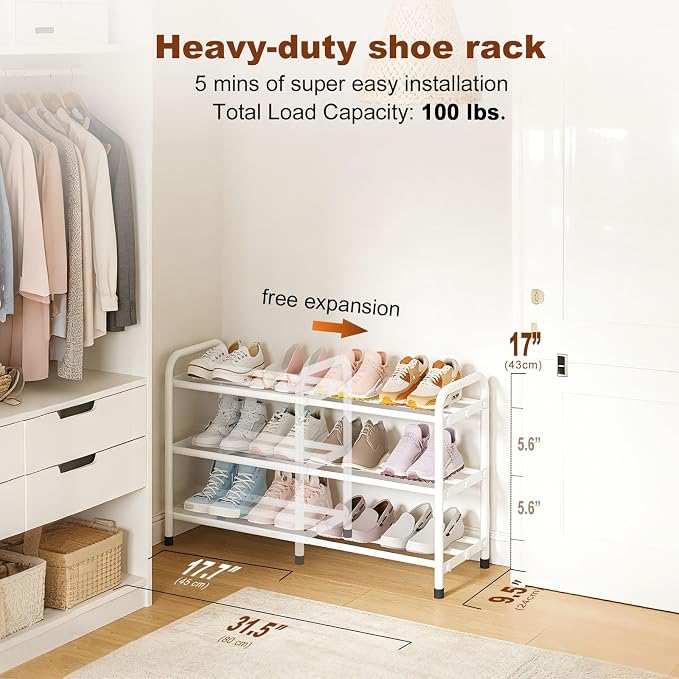 KANAV 3-Tier Expandable Shoe Rack, Heavy Duty Adjustable Metal Shoe Organizer for Closet & Entryway, Freestanding, Tool-Free Assembly, White