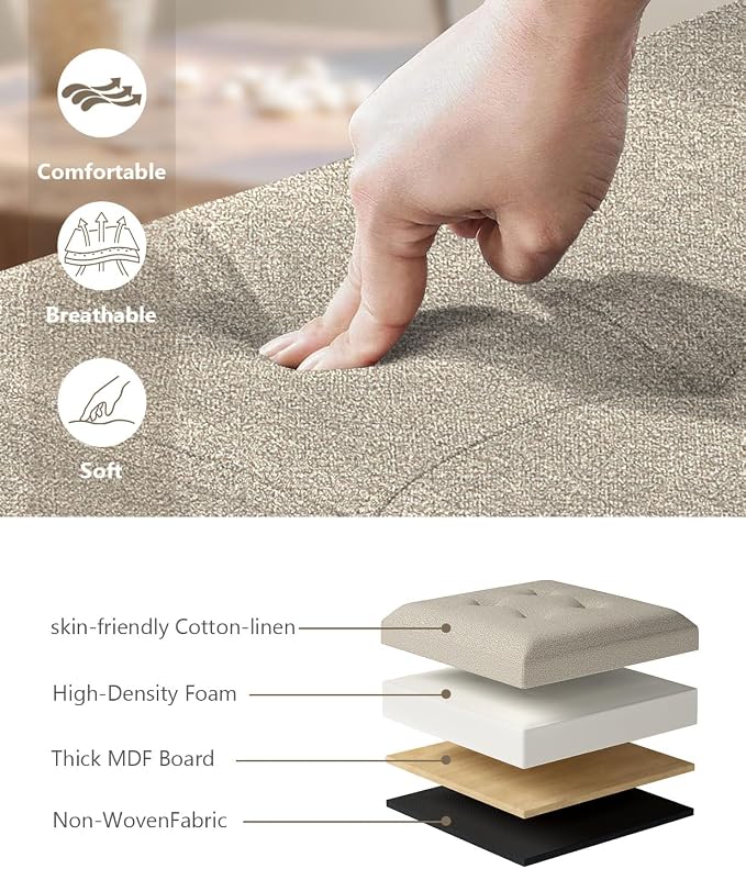 Folding Storage Ottoman Bench, Sandy Beige, 30 Inches | Multi-Functional Ottoman Foot Rest, End of Bed Bench, Storage Chest, Living Room, Bedroom, Hallway, Entryway, 600 lb Capacity