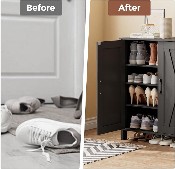 Homleke Farmhouse Shoe Cabinet with 2 Barn Doors & Wood Legs | Tall 4-Tier Shoe Storage Cabinet, 3 Adjustable Shelves, Shoe Rack Organizer, for Entryway, Hallway, Closet, Black