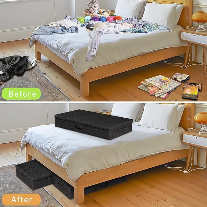 punemi 6 in Tall Stackable Under Bed Storage Containers, 3 Pack, Black | Drawer Organizers Box with Sturdy 3 Handles, Clothes Drawer Organizers, for Under Crib, Couch & Closet Storage